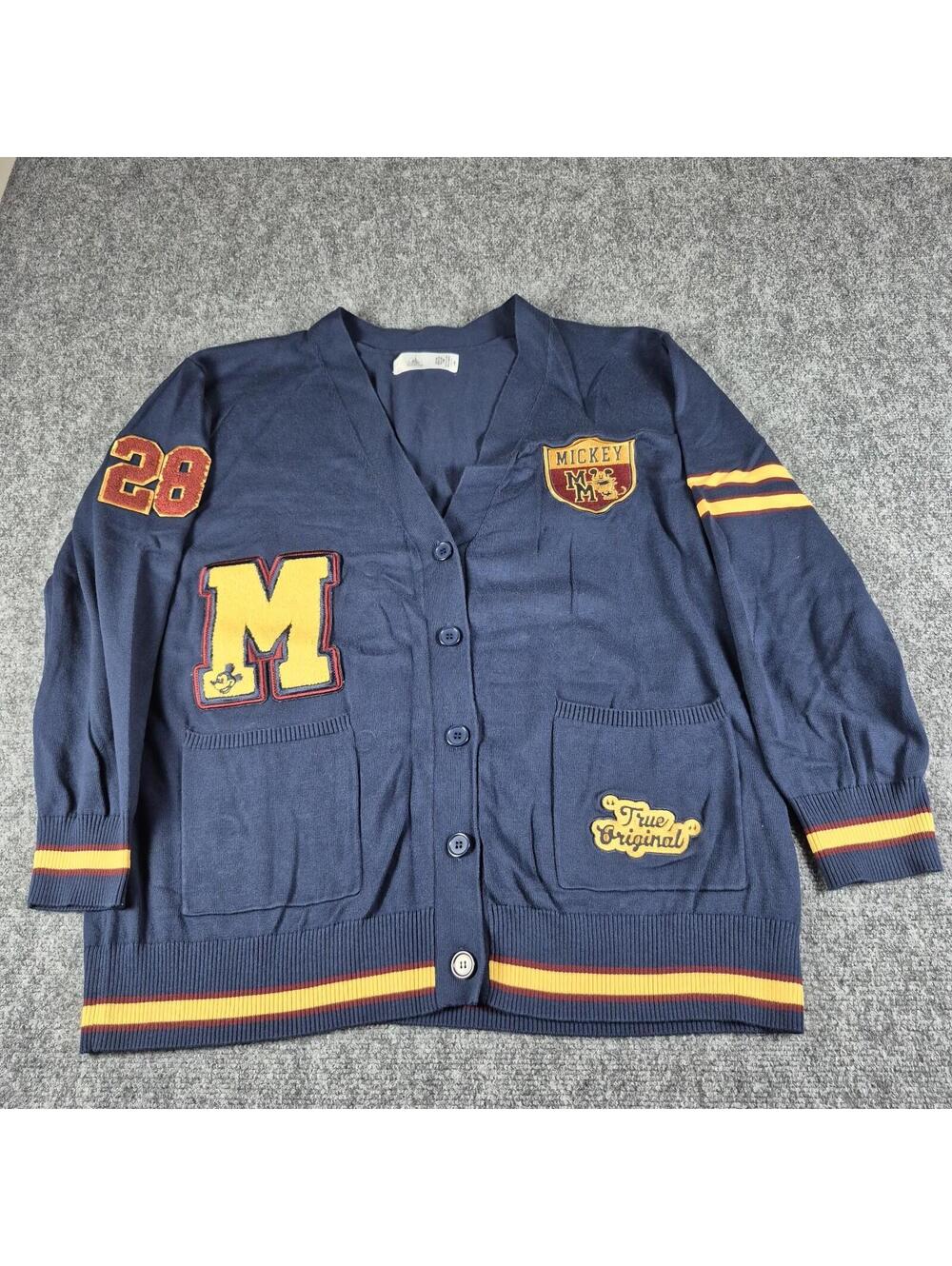 Disney Mickey Mouse Cardigan Sweater Mens 2XL Navy Blue Varsity Athletic 28 Y2K